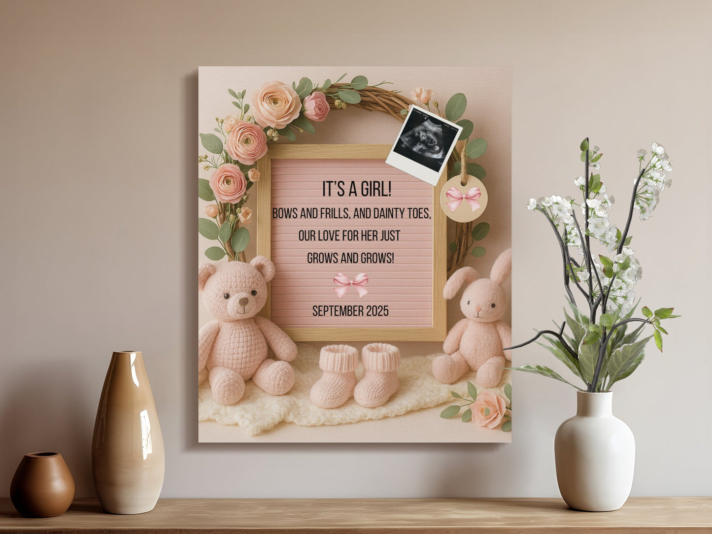 Baby Girl Nursery Wall Art, Pink Teddy Bear and Floral Frame, Newborn Room Decor, Personalized Baby Shower Gift September 2025