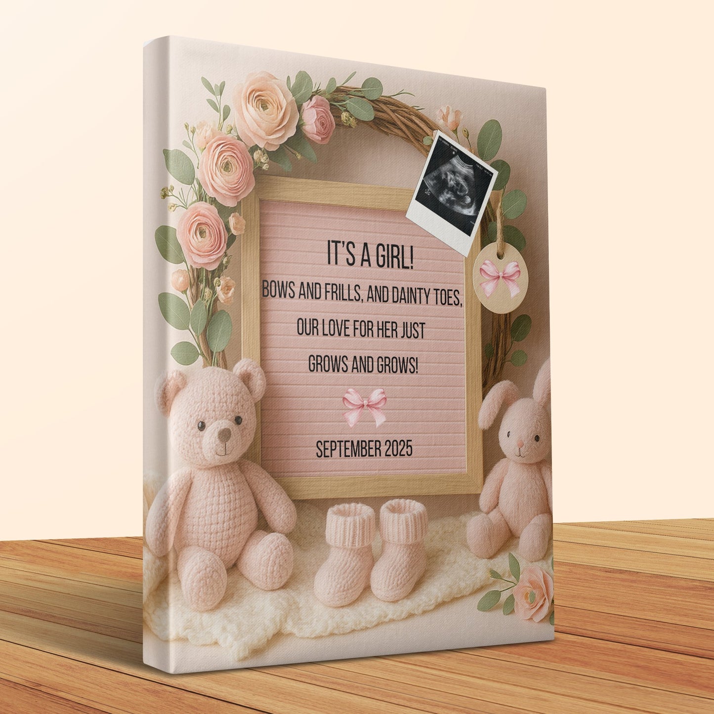 Baby Girl Nursery Decor, Custom Canvas Print, Personalized Newborn Gift, Teddy Bear and Flowers, Pink Floral Wall Art, September 2025