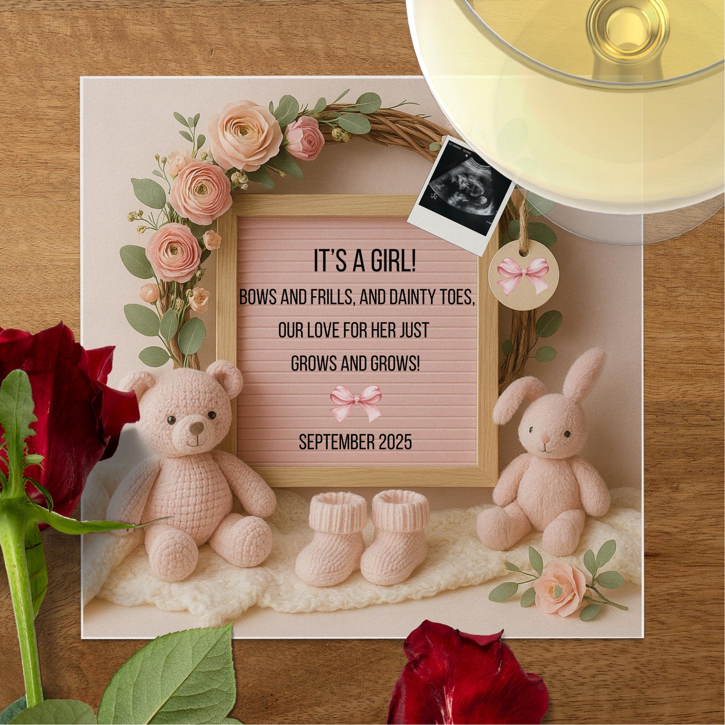 Baby Girl Announcement Frame with Plush Bears and Floral Decorations, Personalized Nursery Decor