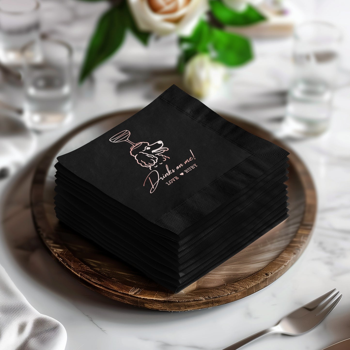 Elegant Black Cocktail Napkins with Cheers Design