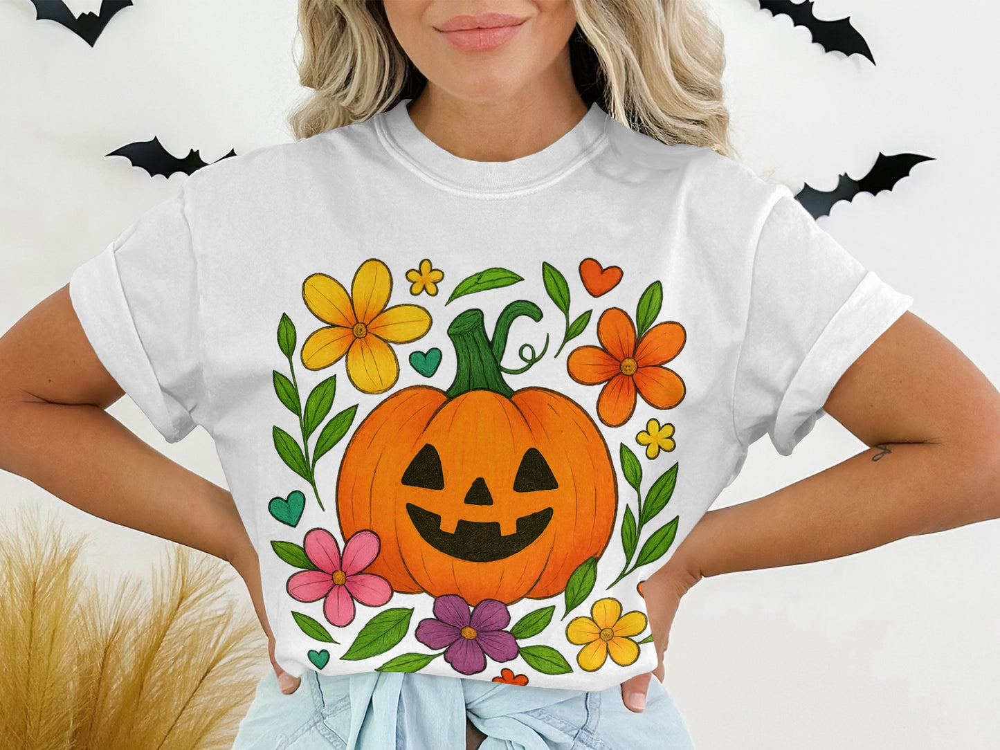 Women's Halloween Pumpkin T-Shirt, Floral Autumn Graphic Tee, Cute Fall Season Apparel