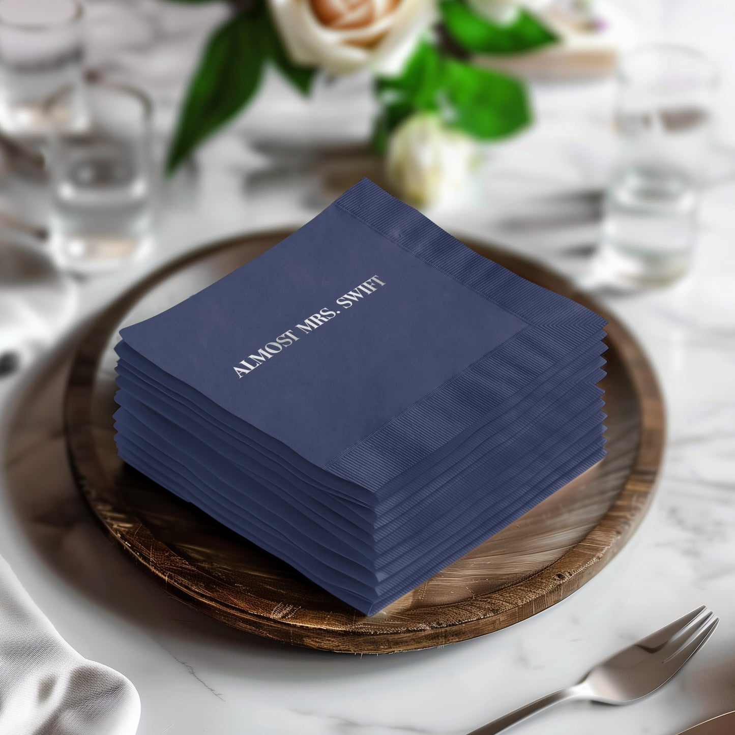 Almost Mrs. Swift Personalized navy blue napkins product type