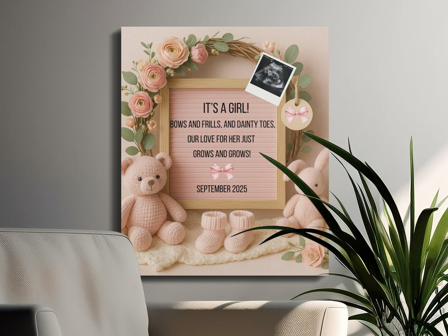 Baby Announcement Frame Pink Teddy Bear Floral Decor Customizable Nursery Wall Art September 2025