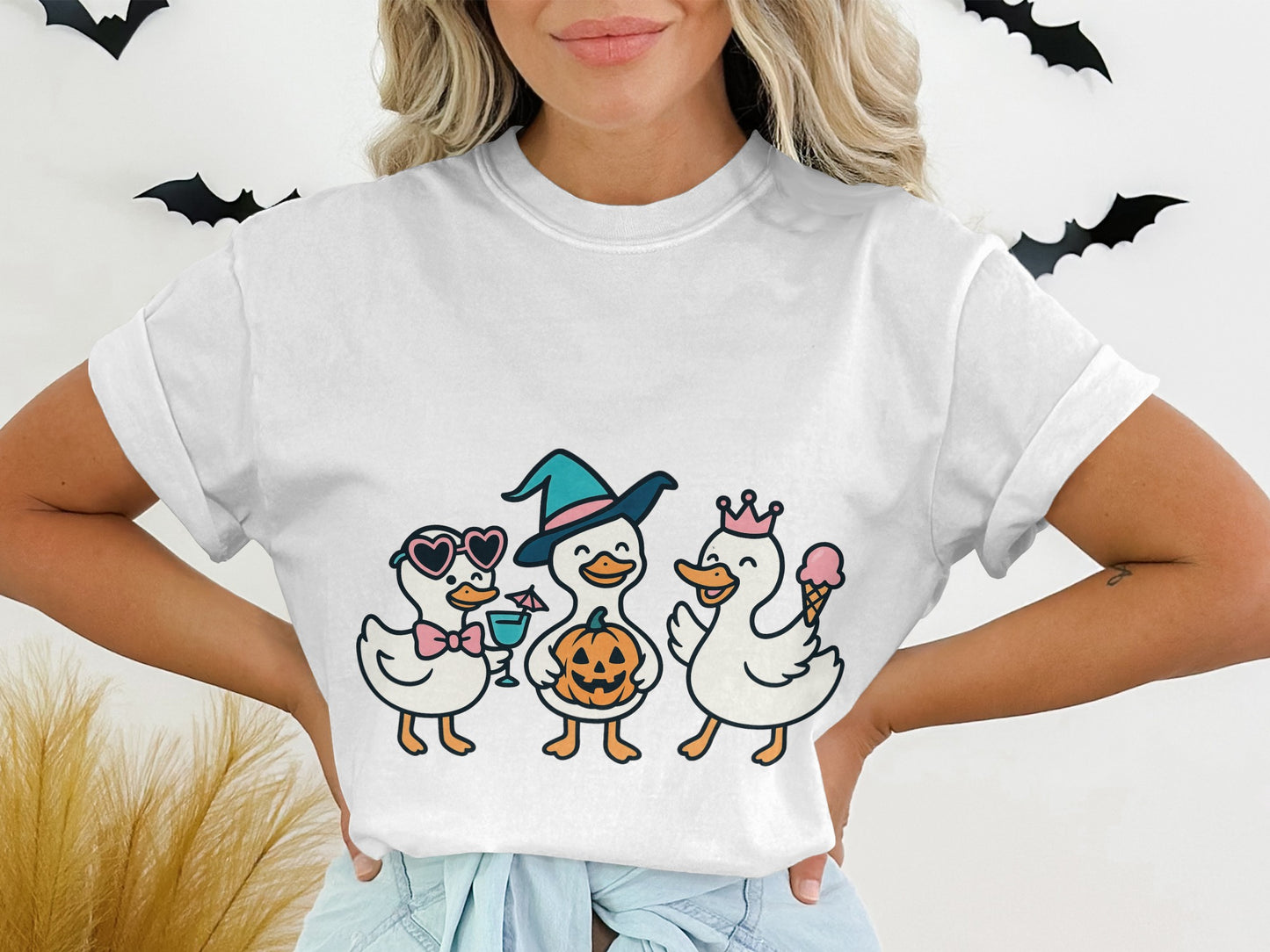 Halloween Duck T-Shirt Cute Cartoon Ducks in Costumes Women's Graphic Tee