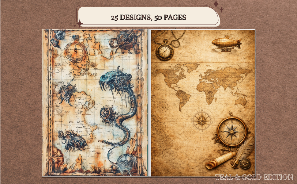 Amazon Book Pictures: The Vintage Explorer Series, Steampunk Maps Bundle, Printable Collection, 100 + PDF Downloadable Images