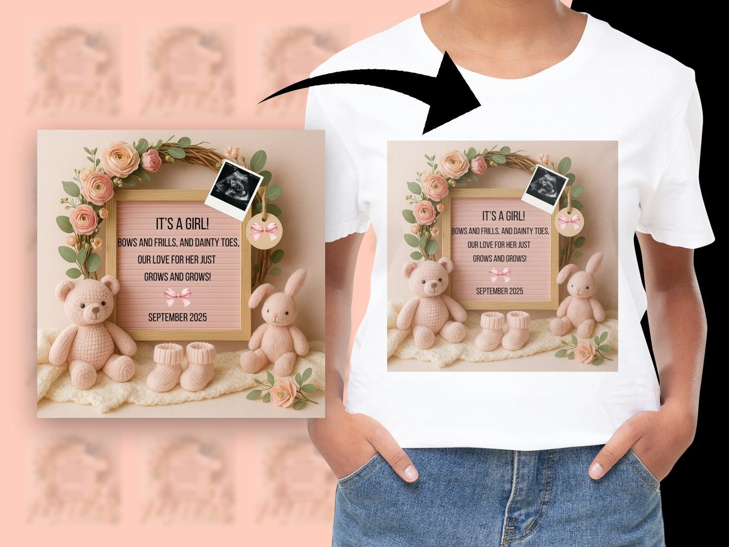 Women's T-Shirt Featuring Baby Announcement Design, Pink Floral Bear Maternity White Tee