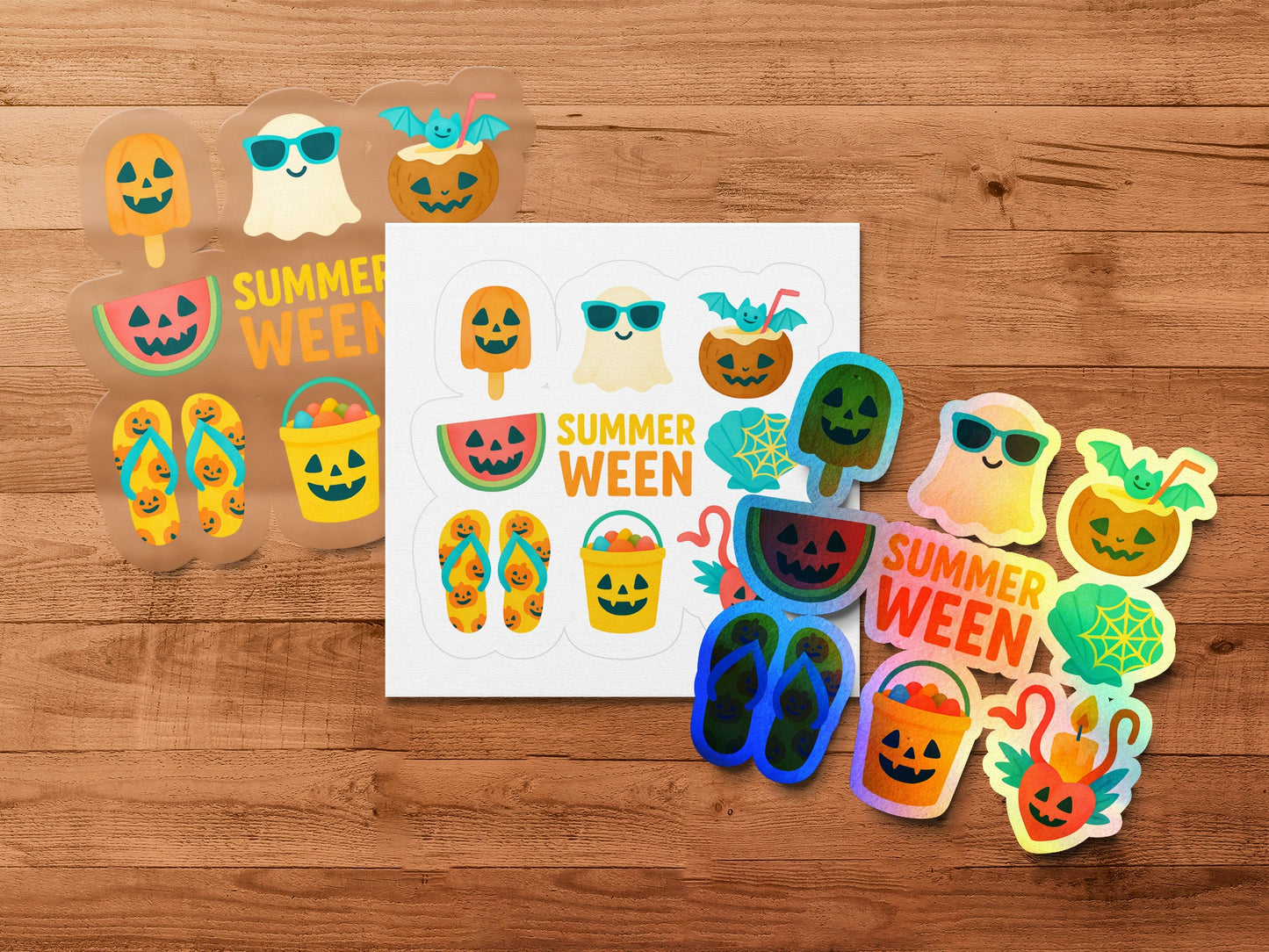 Summerween Themed Stickers, Cute Ghost and Pumpkin Designs, Colorful Halloween and Summer Hybrid Decorations, Vibrant Seasonal Decals.