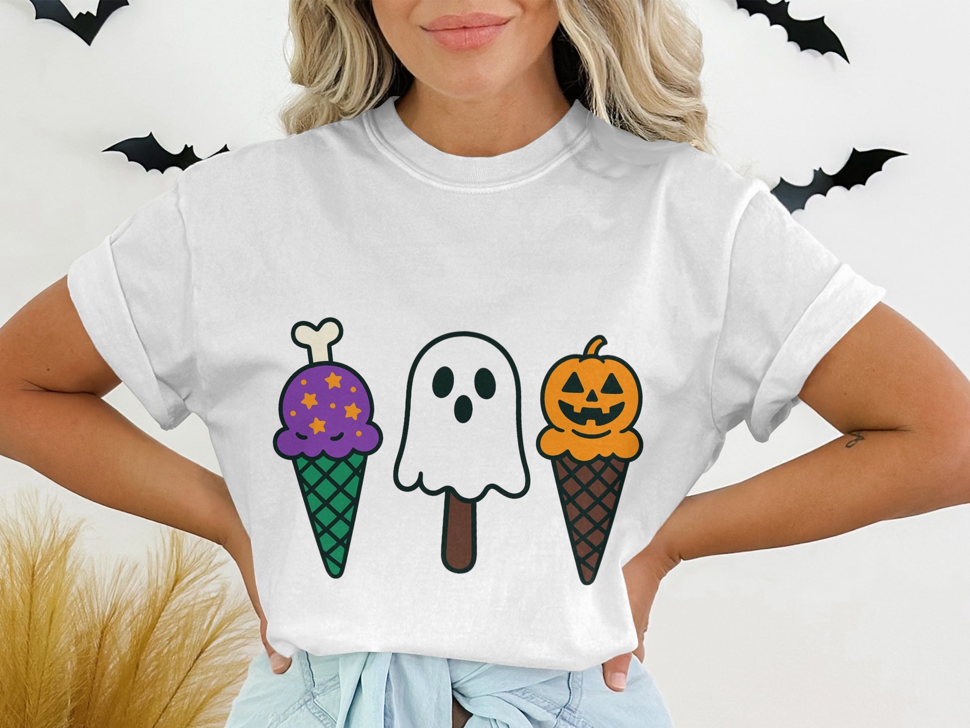 Women's Halloween Ice Cream Cone T-Shirt, Cute Ghost Pumpkin Graphic Tee, Casual Fall Fashion Tops