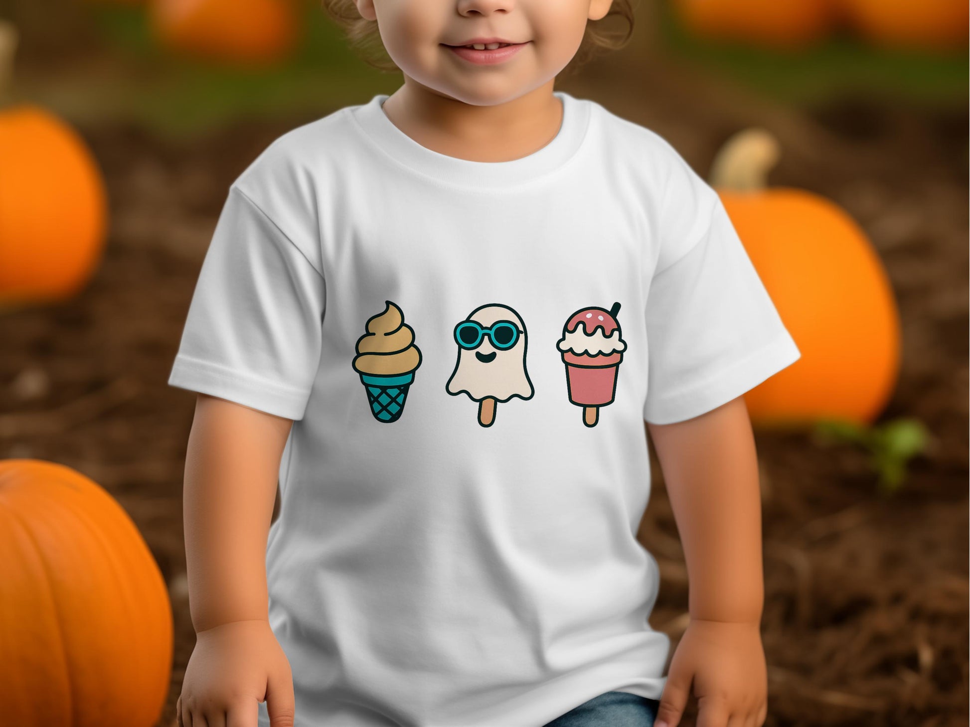 Kids Autumn T-Shirt with Cute Ice Cream and Ghost Design, Pumpkin Patch Tee, Unisex Children's Fall Fashion Clothing