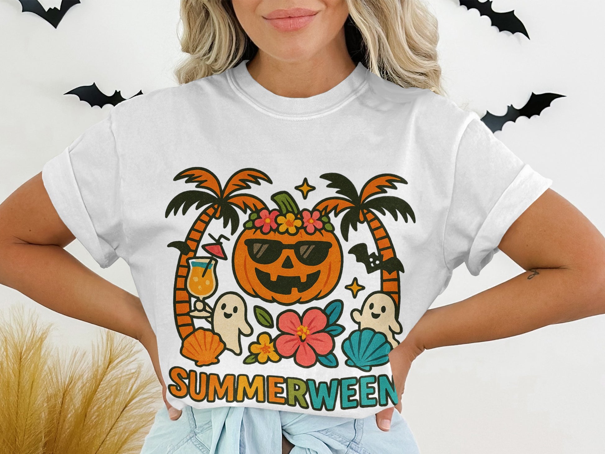 Summerween T-Shirt, Halloween Pumpkin Ghosts Tropical Theme, Unisex Graphic Tee