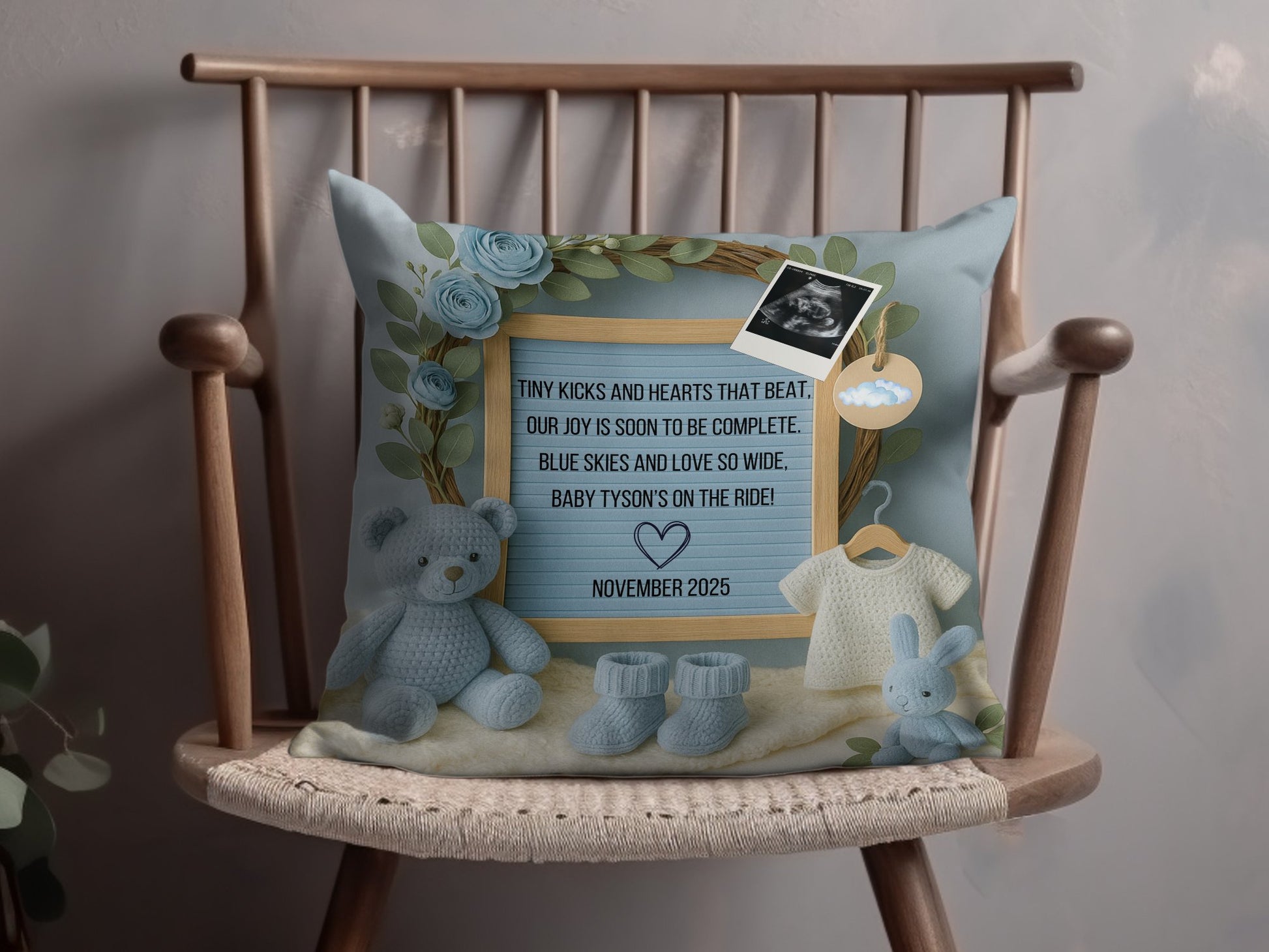 Baby Boy Nursery Decorative Pillow, Blue and Grey Plush Toys, Customizable Date, Baby Shower Gift