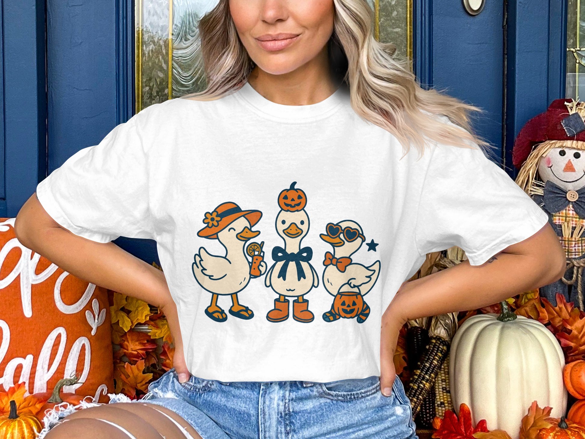 Halloween Themed T-Shirt, Cute Cartoon Ducks in Costumes, Unisex White Tee, Fall Season Apparel, Pumpkin Design