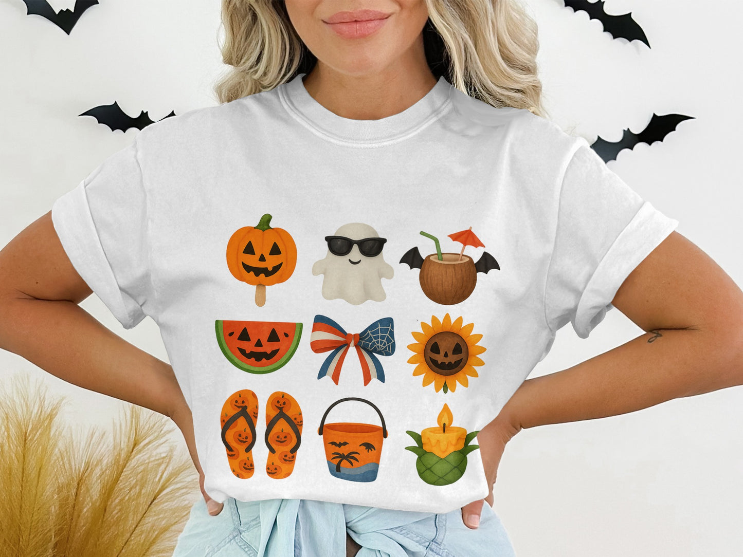 Halloween T-Shirt with Cute Pumpkin, Ghost, Sunflower, Bat Design, Women's Fall Fashion Tee, Soft Cotton Top, Casual Outfit