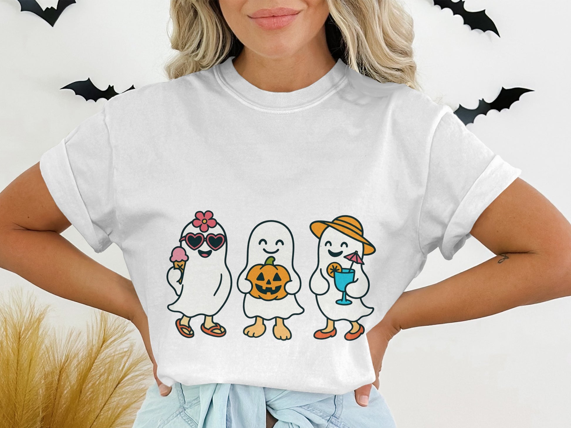 Cute Halloween T-Shirt, Cartoon Ghosts in Costumes, Fun Autumn Graphic Tee, Unisex Adult Clothing