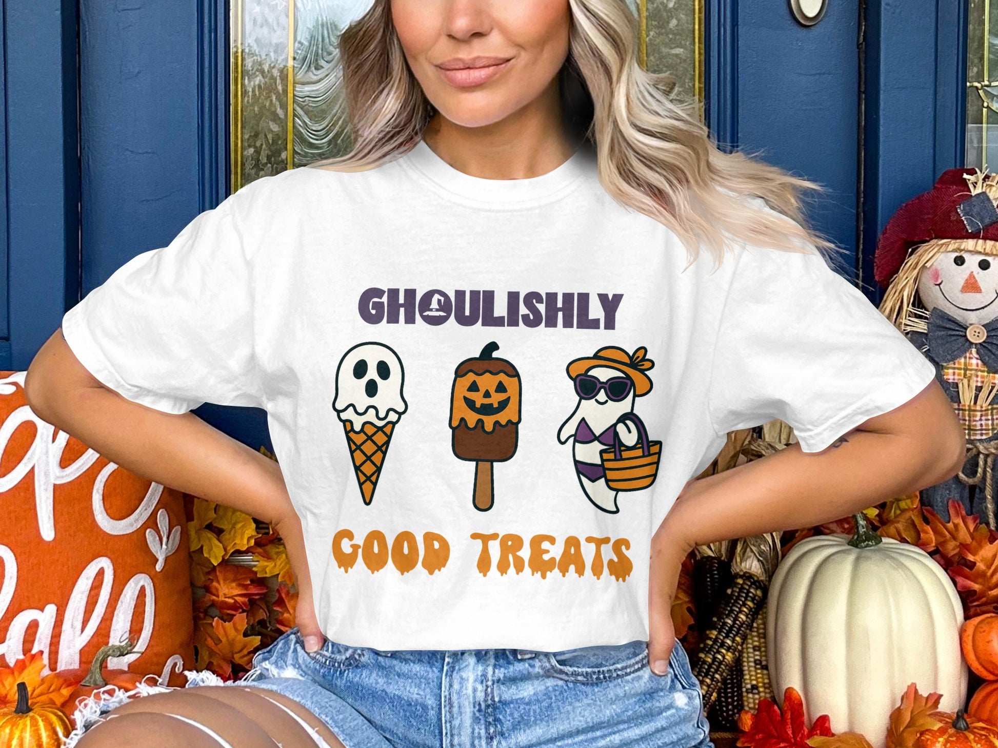 Halloween T-Shirt Cute Ice Cream Ghosts Pumpkin Funny Fall Graphic Tee Unisex Casual Autumn Fashion Top