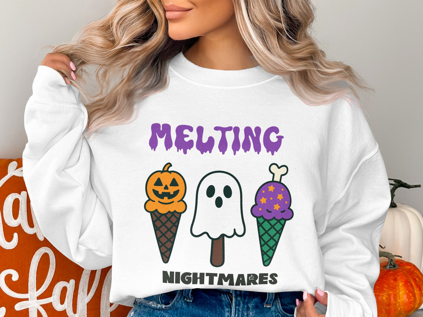 Halloween Sweatshirt Melting Nightmares Pumpkin Ghost Ice Cream Graphic Long Sleeve Cozy Fall Top