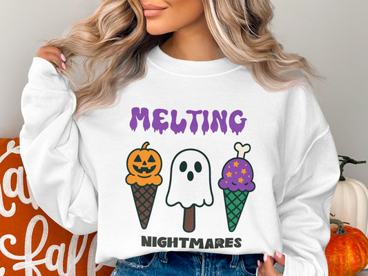 Halloween Sweatshirt Melting Nightmares Pumpkin Ghost Ice Cream Graphic Long Sleeve Cozy Fall Top