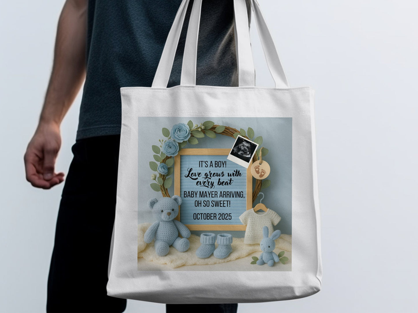 Personalized Baby Boy Announcement Tote Bag, Custom Date and Name, Blue Teddy Bear Design, New Mom Gift, October 2025 Baby Shower Favor
