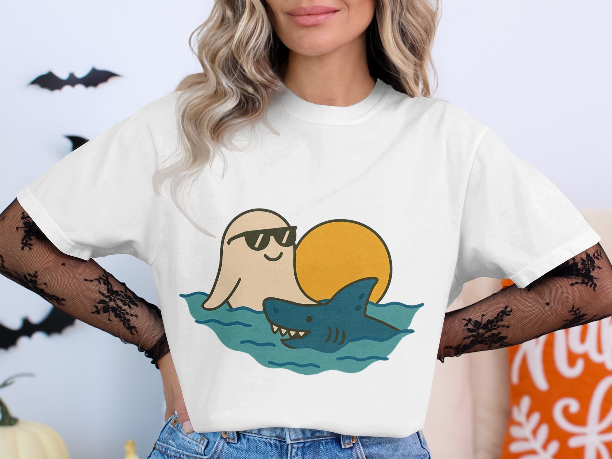 Cute Ghost and Shark Graphic T-Shirt, Funny Halloween Ocean Sunset Tee, Unisex Casual Top