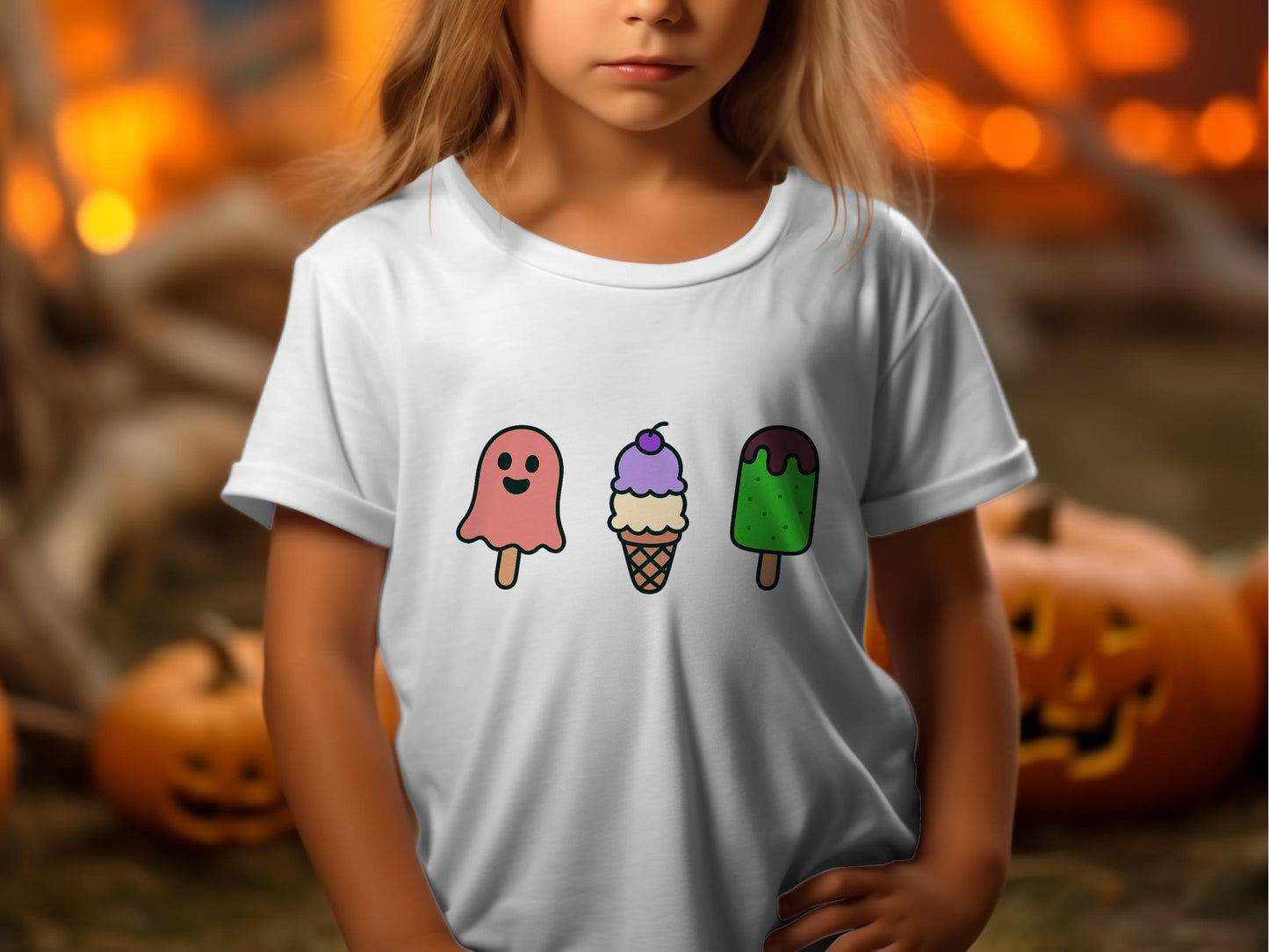 Kids Halloween T-Shirt Cute Ghost Ice Cream Cone Design, Spooky Fun Apparel, Pumpkin Background, Autumn Festive Wear