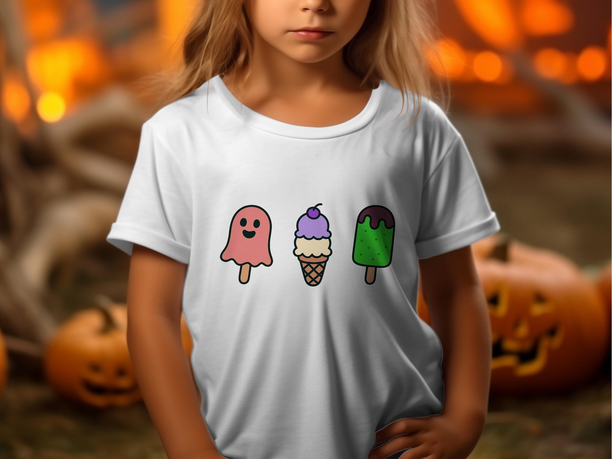 Kids Halloween T-Shirt Cute Ghost Ice Cream Cone Design, Spooky Fun Apparel, Pumpkin Background, Autumn Festive Wear