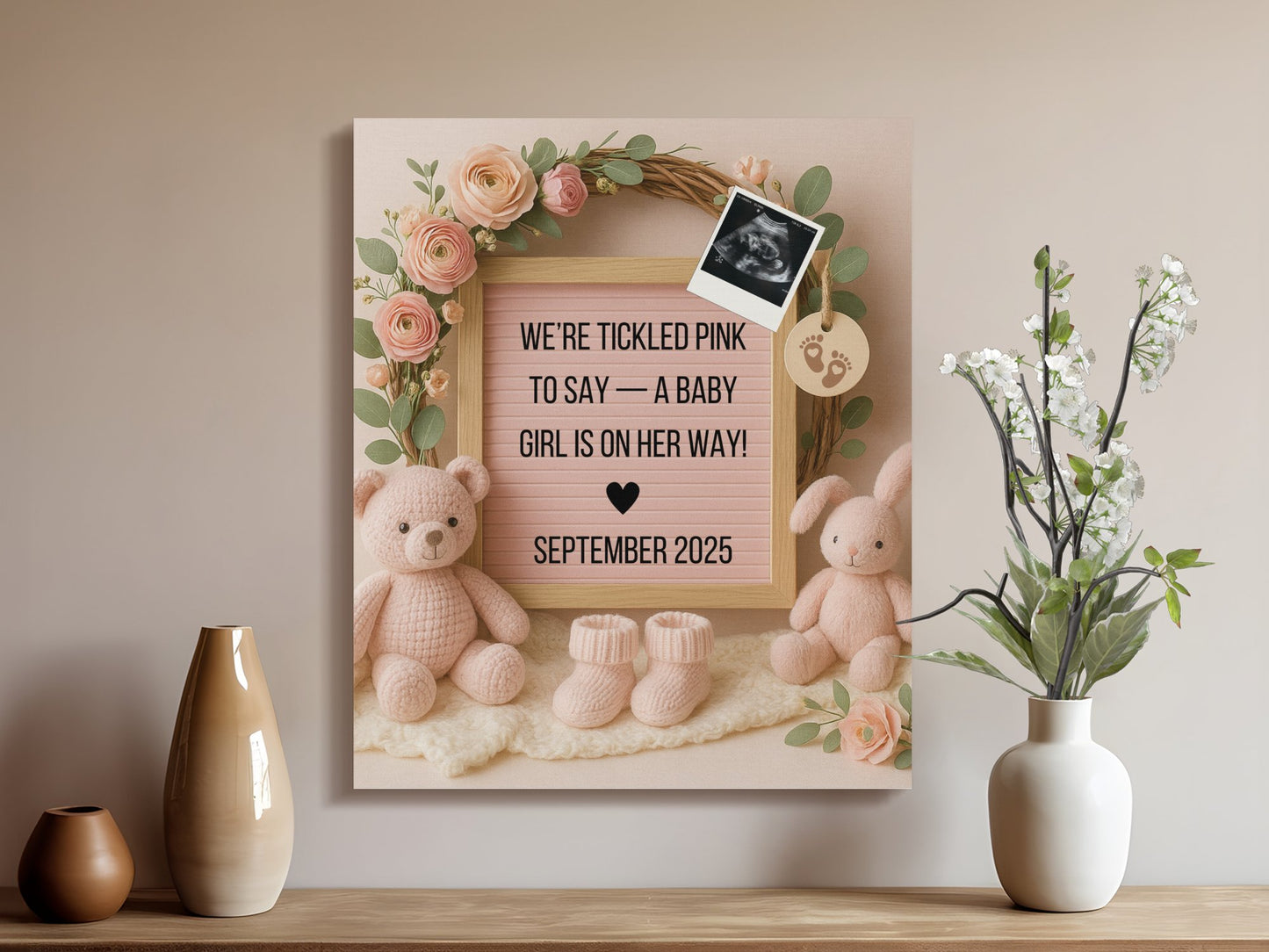 Baby Girl Pregnancy Announcement Canvas Wall Art, Floral Pink Teddy Bear Nursery Decor