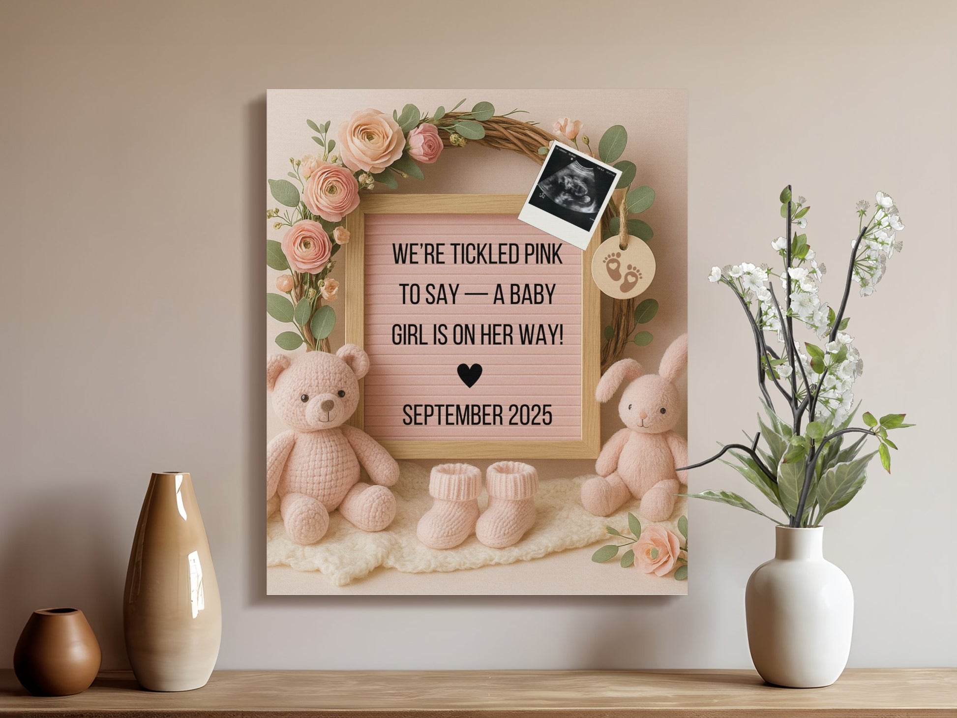Baby Girl Pregnancy Announcement Canvas Wall Art, Floral Pink Teddy Bear Nursery Decor