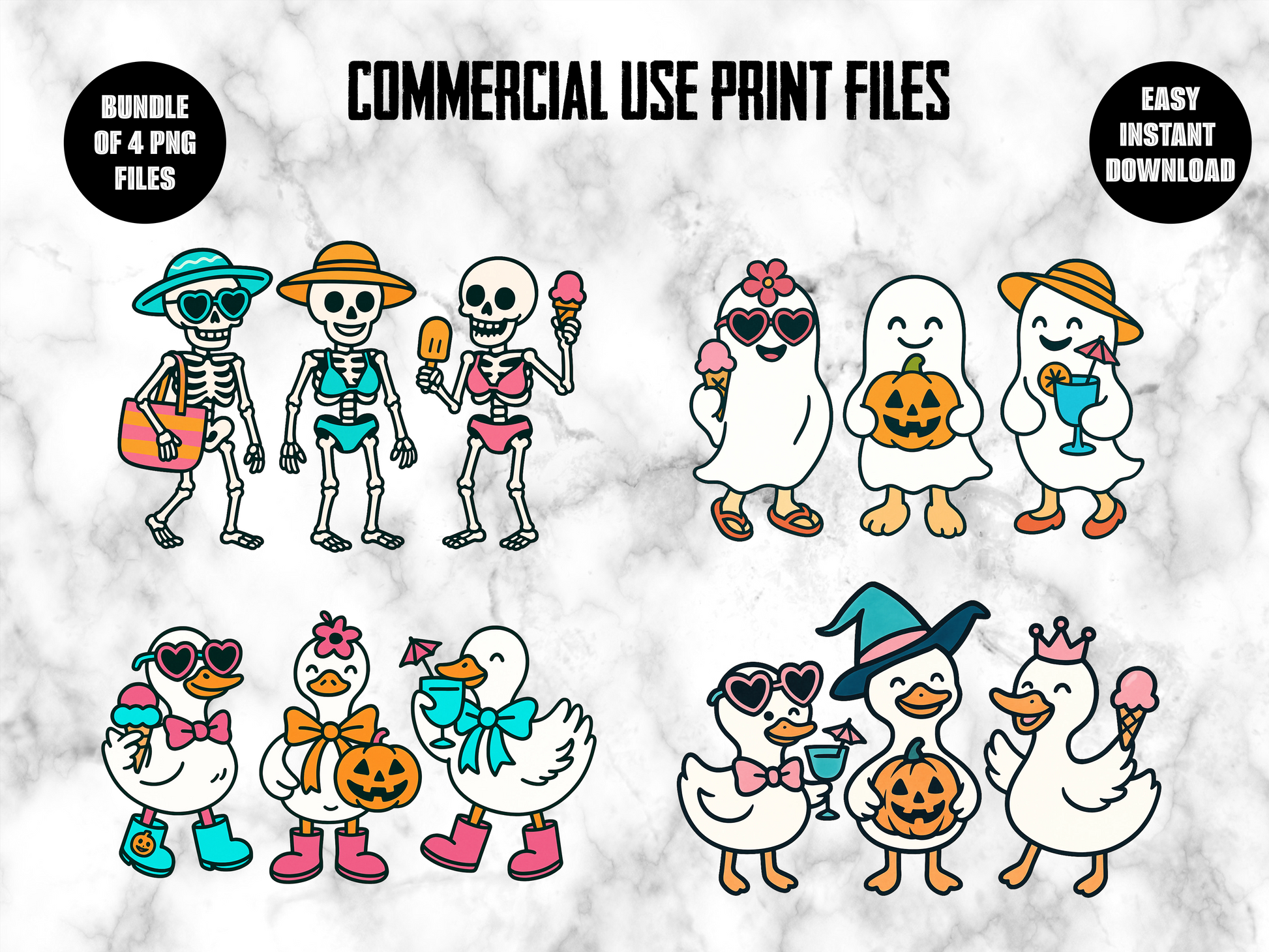 Halloween Clipart Bundle, Cute Ghosts Skeletons Ducks, Commercial Use, Digital Download, PNG Files for Crafting and Decor