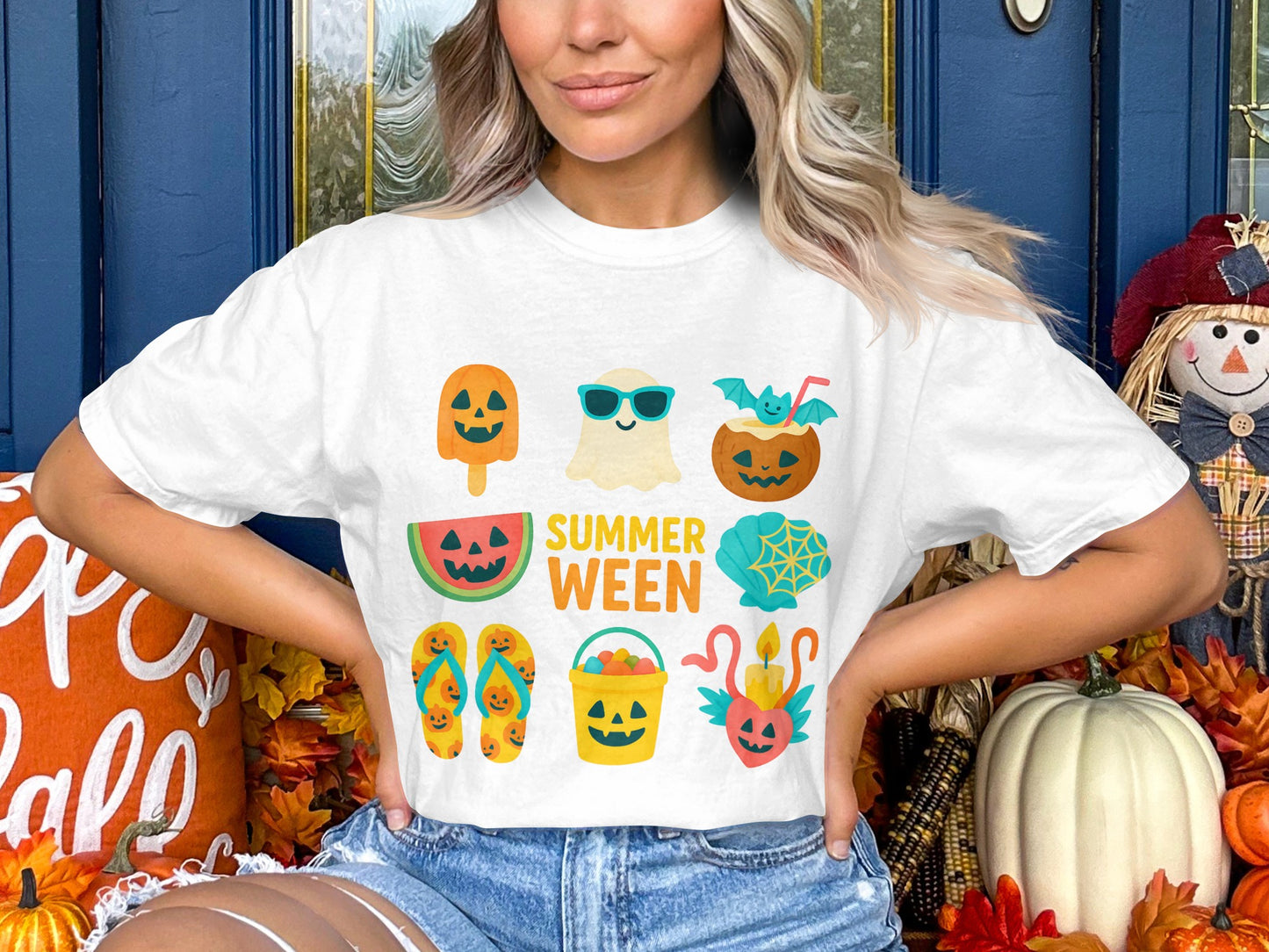Summerween Themed T-Shirt, Halloween Pumpkin and Sunglasses Design, Unisex Casual Wear, Unique Graphic Tee