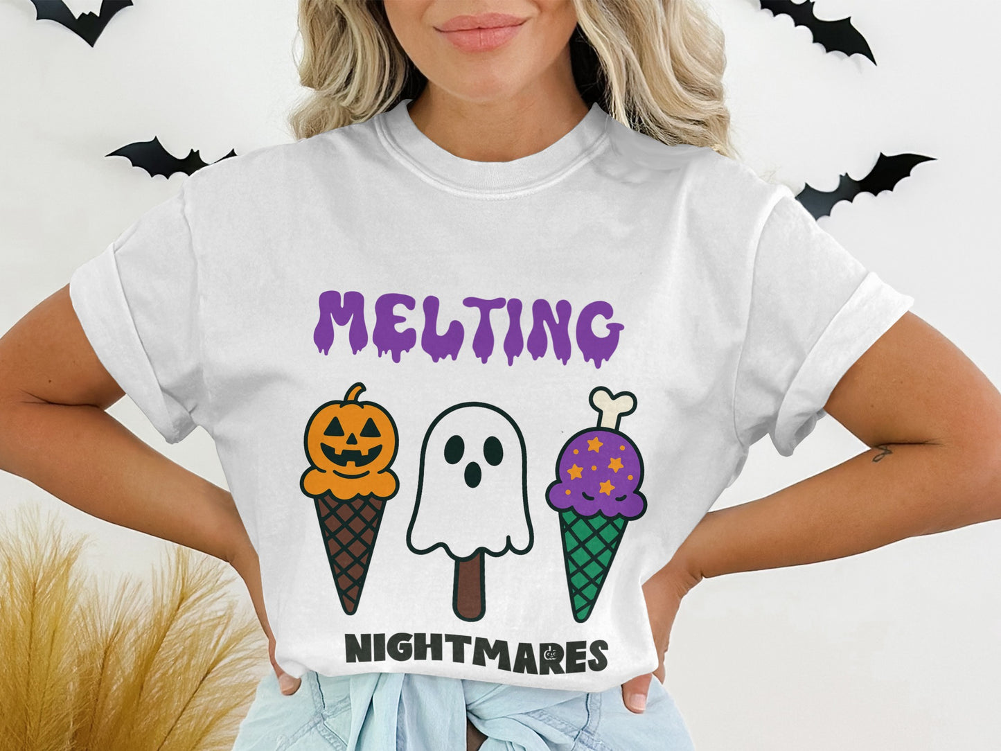 Halloween Themed T-Shirt, Melting Nightmares Pumpkin and Ghost Ice Cream Cone Design, Unisex Casual Wear