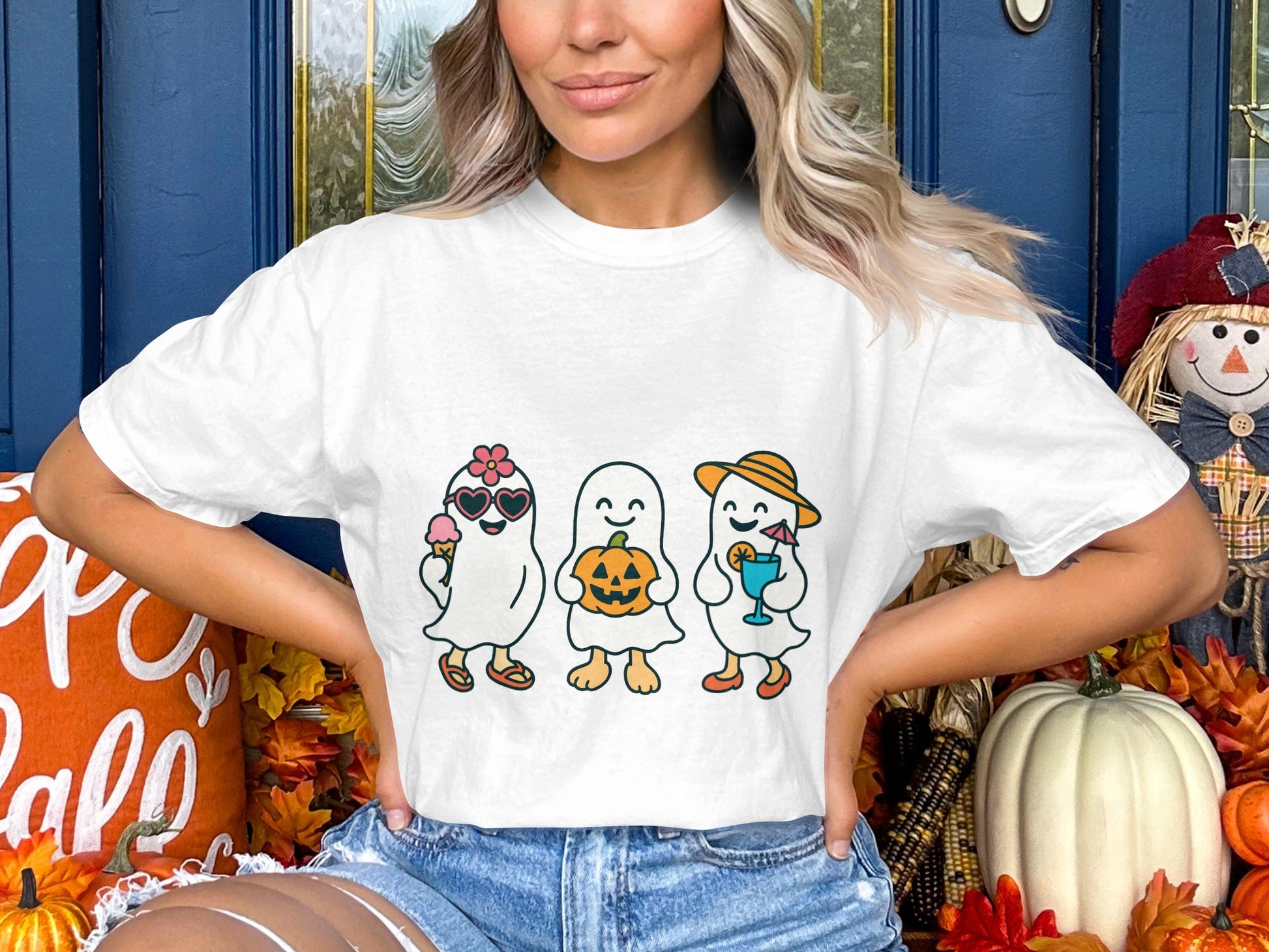 Cute Ghost Family T-Shirt, Halloween Cartoon Characters Tee, Autumn Holiday Apparel for Women and Men