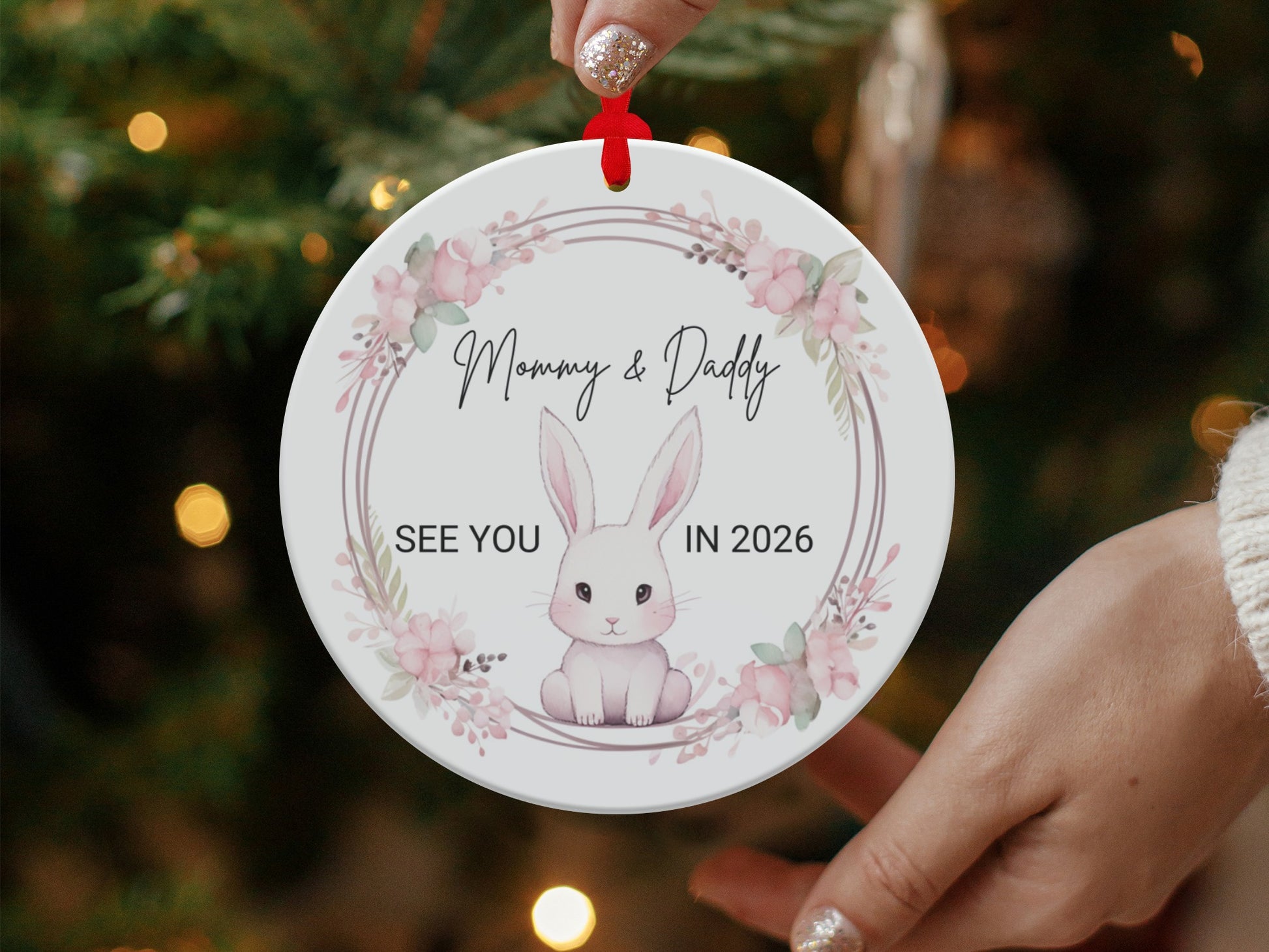 Custom White Bunny Mommy Daddy 2026 Ornament product