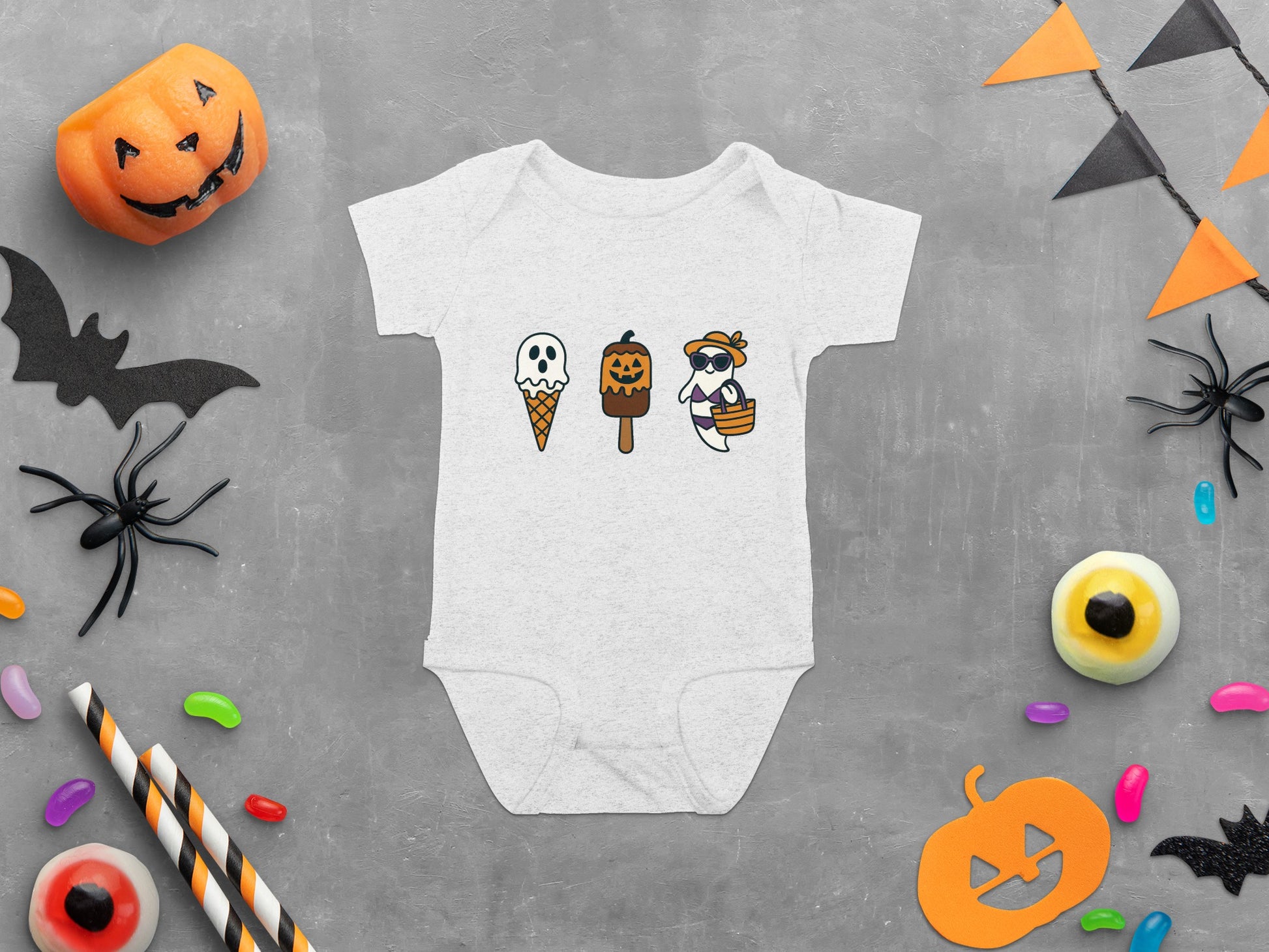 Halloween Baby Onesie with Cute Ice Cream Ghosts, Pumpkins Design, Festive Infant Bodysuit