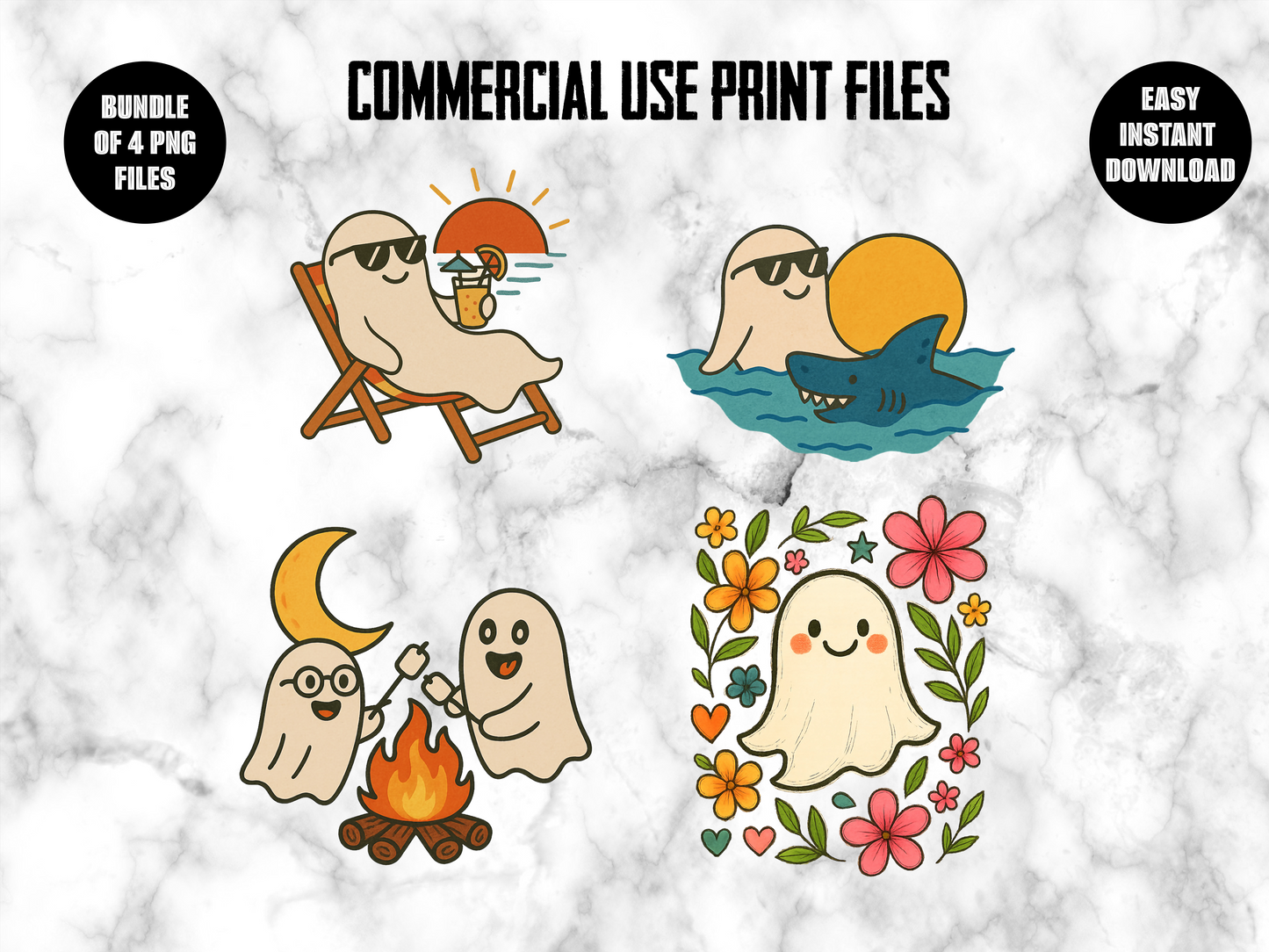 Cute Ghosts and Summer Beach Clipart, Commercial Use, PNG Files, Instant Download, Digital Art