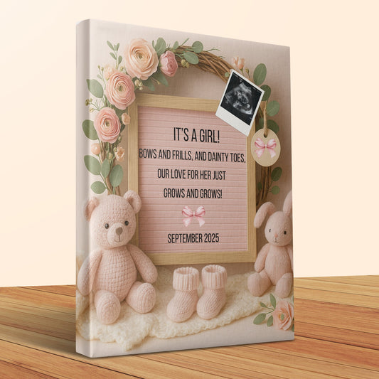 Baby Girl Nursery Decor, Custom Canvas Print, Personalized Newborn Gift, Teddy Bear and Flowers, Pink Floral Wall Art, September 2025