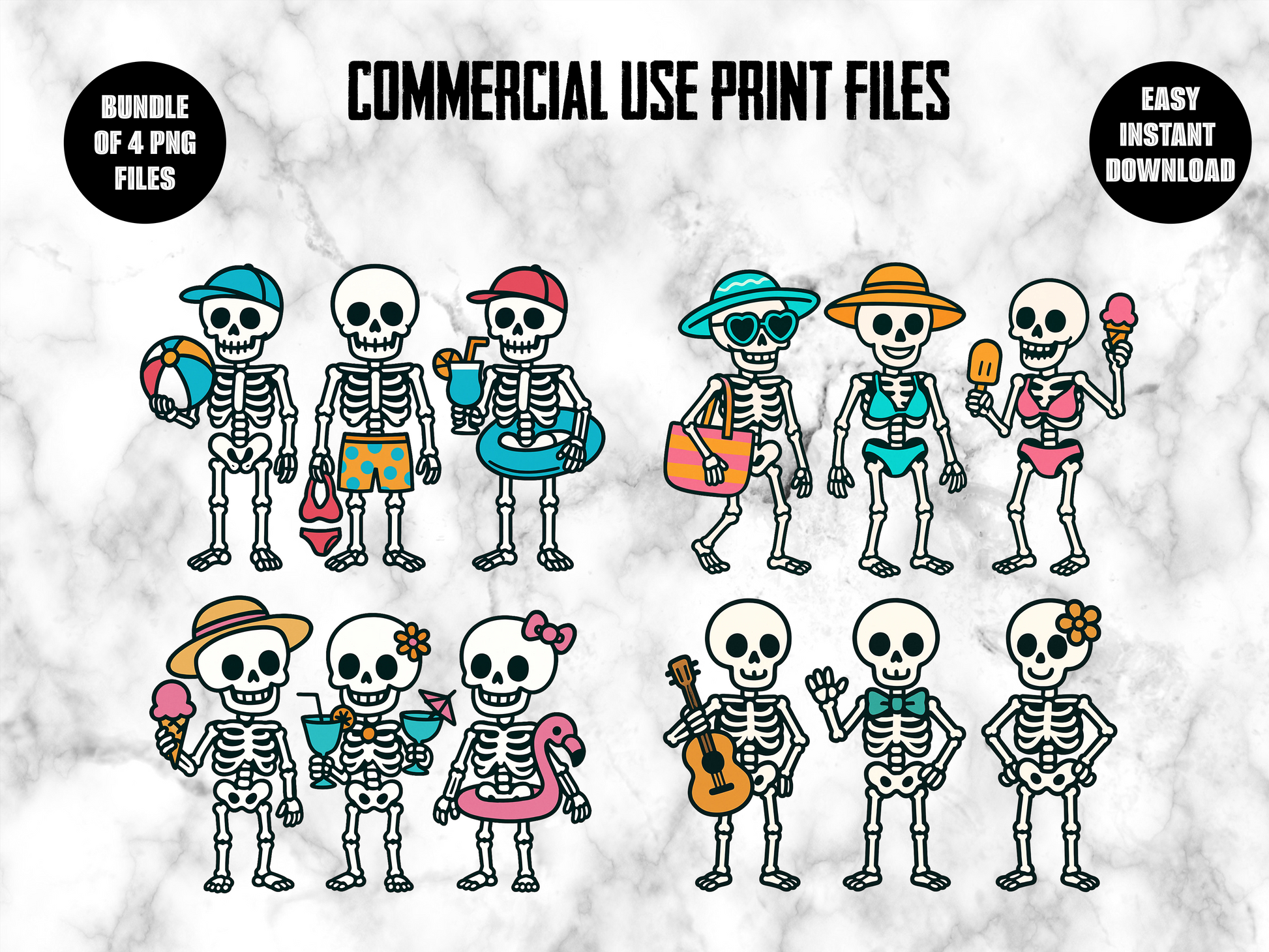 Cartoon Skeleton Clipart, Commercial Use, Printable Files, Digital Download, Kid Party Decoration, Beach Theme, Guitarist, Summer SVG