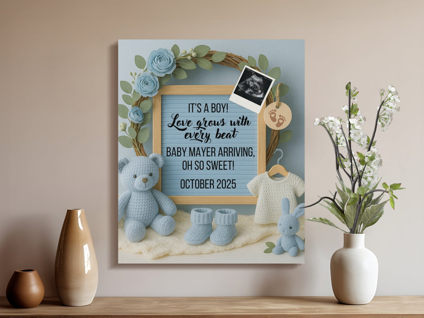 Baby Boy Nursery Wall Art, Blue Teddy Bear and Flowers, Personalized Baby Announcement Decor