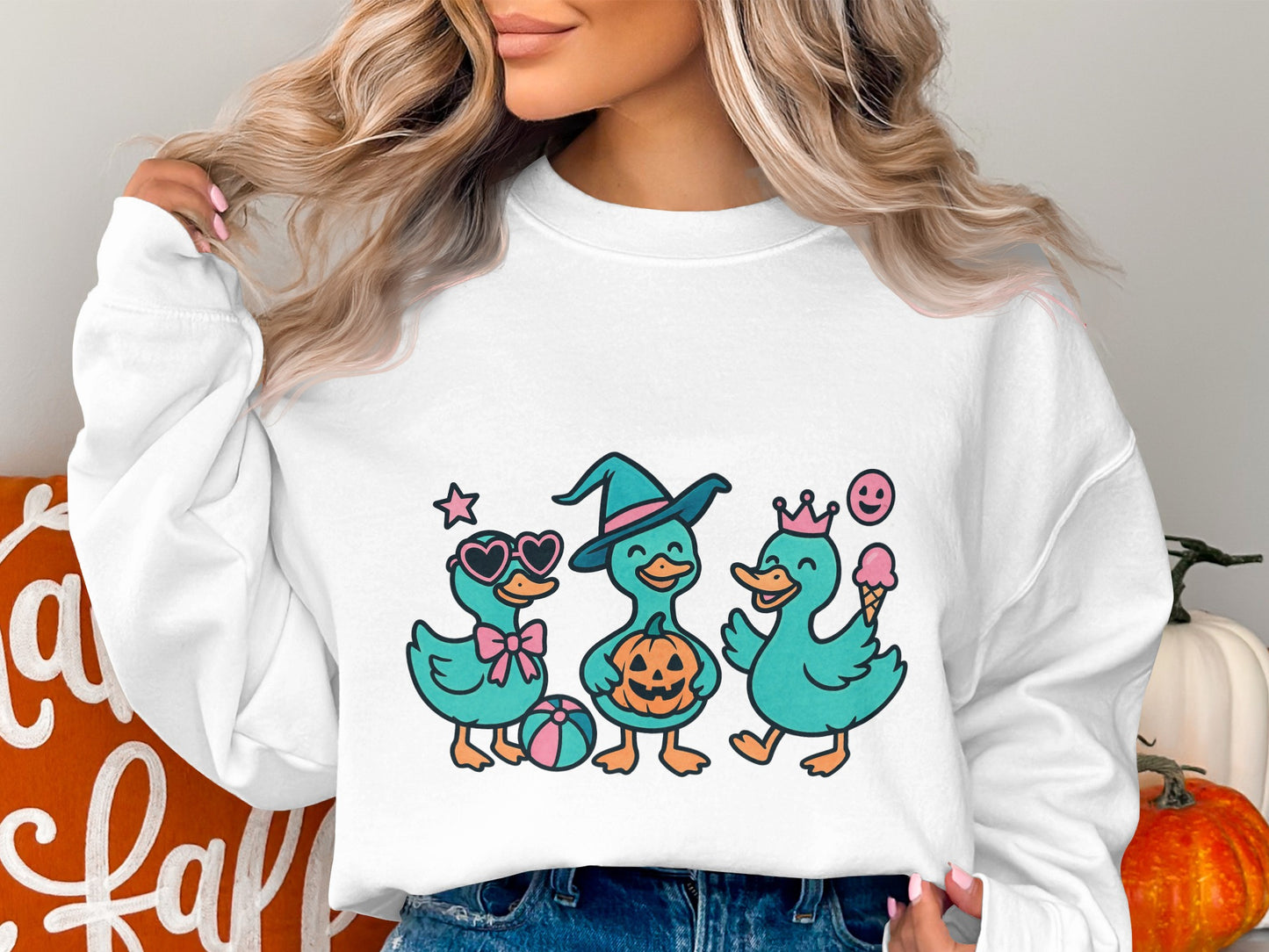 Cute Halloween Ducks Sweatshirt, Cartoon Witch Duck Graphic, Fall Casual Unisex Apparel