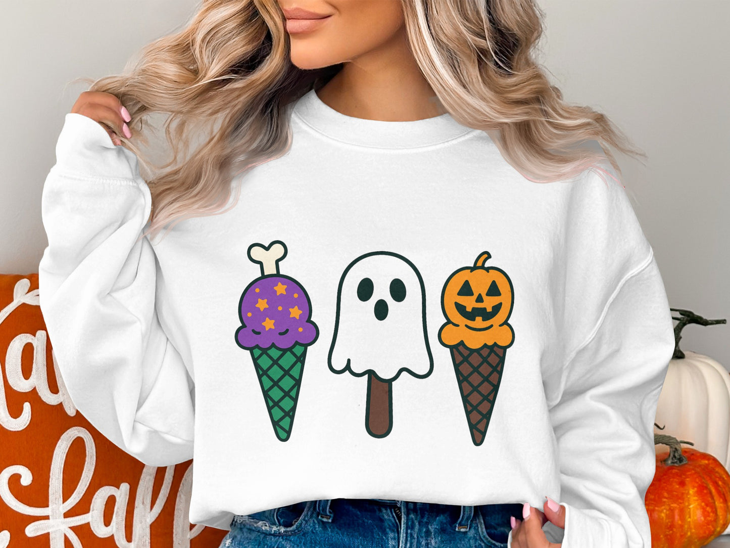 Cute Ghost Ice Cream Pumpkin Graphic Sweatshirt, Unisex Fall Fashion, Halloween Theme Comfort Sweater