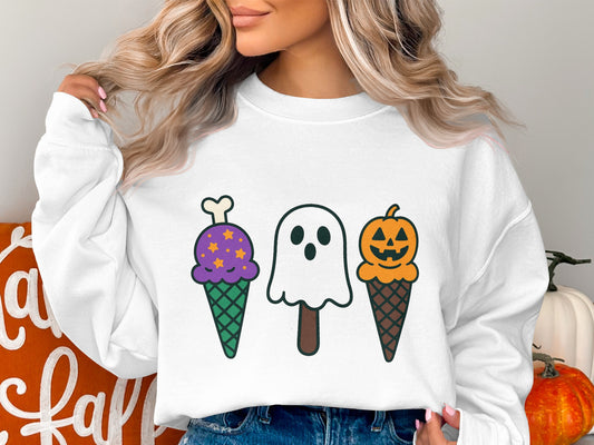 Cute Ghost Ice Cream Pumpkin Graphic Sweatshirt, Unisex Fall Fashion, Halloween Theme Comfort Sweater