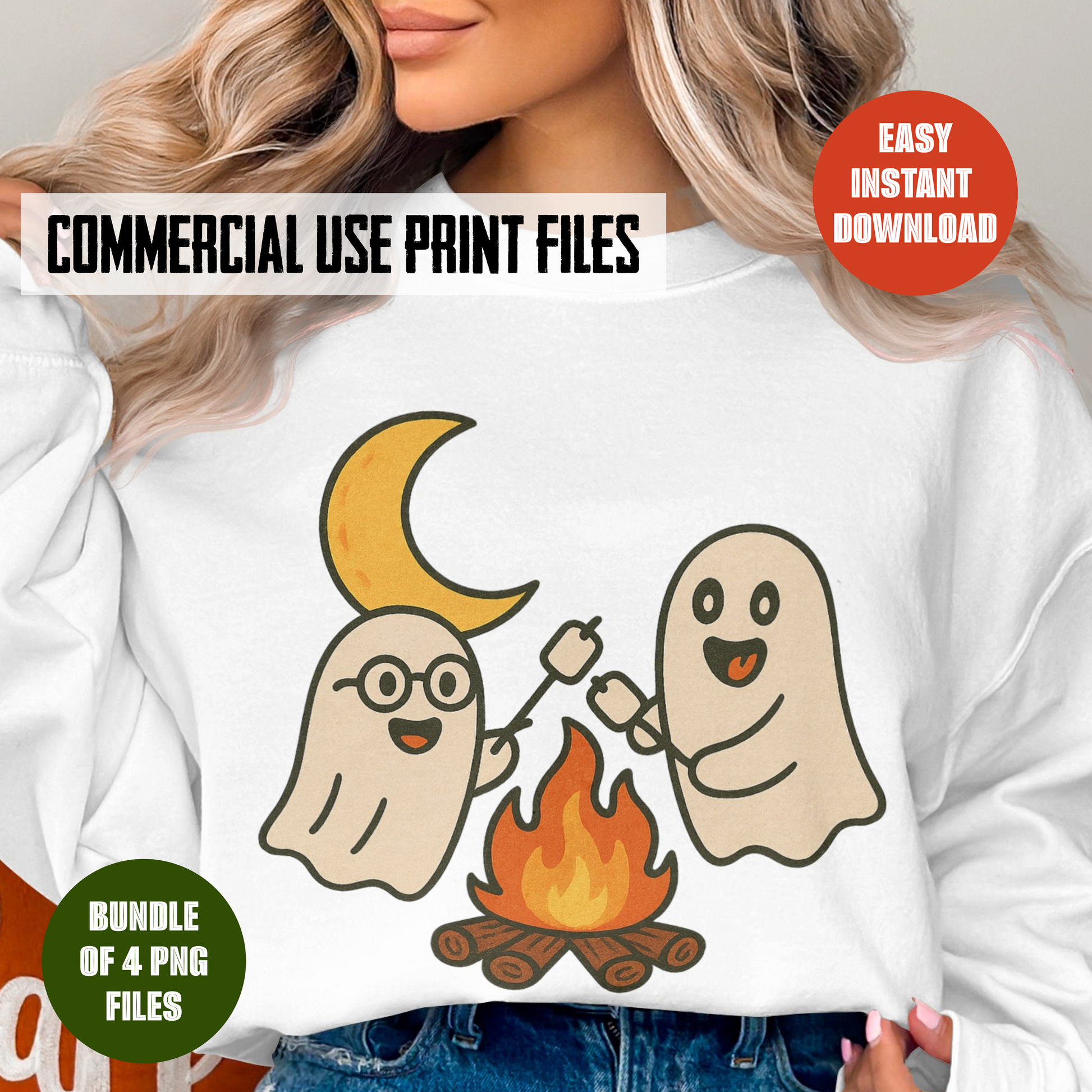 Cute Ghosts Camping Clipart, Moon and Fire Graphic, Digital Download, PNG Files for Commercial Use, Instant Download Bundle