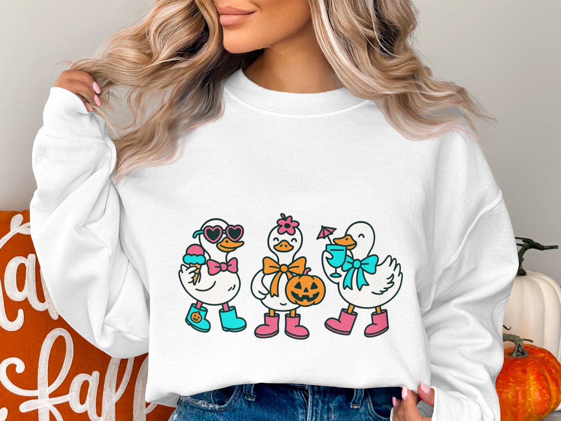 Cute Duck Halloween Sweatshirt, Fall Autumn Festive Ducks in Costumes, Women's Cozy Pullover, White Top
