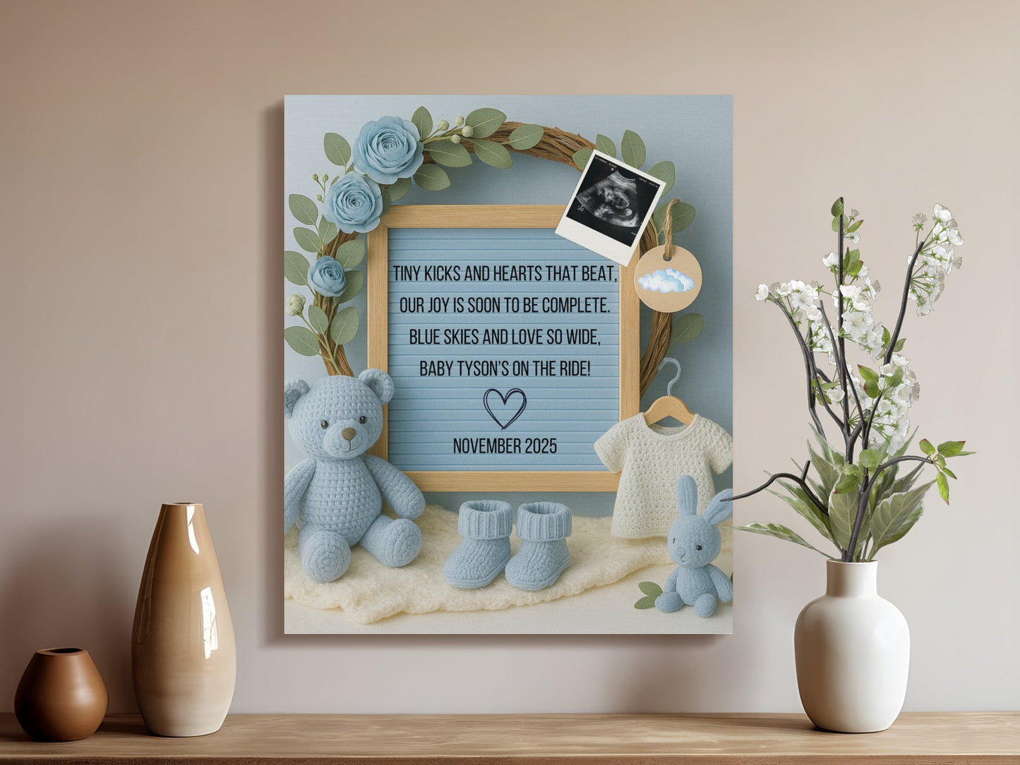 Blue Grey Nursery Wall Art, Baby Shower Gift, Customizable Baby Name Frame, Handcrafted Decor