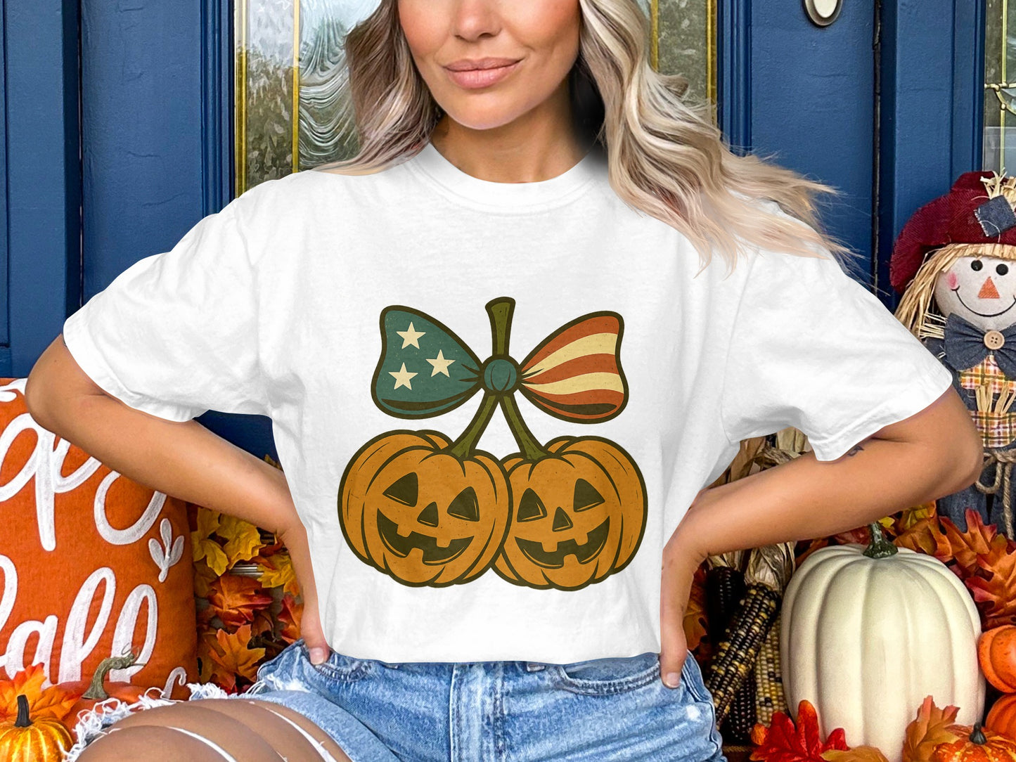 Women's White Pumpkin T-Shirt, Fall Season Graphic Tee, American Flag, Autumn Fashion Top
