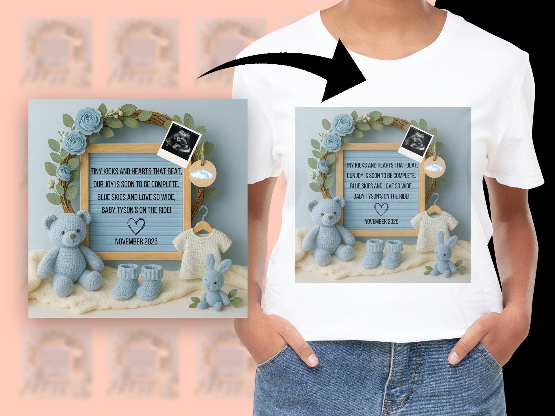 Baby Shower Gift Set, Custom Photo Frame, Knitted Bear, Blue Flower Decor, Personalized Newborn Keepsake