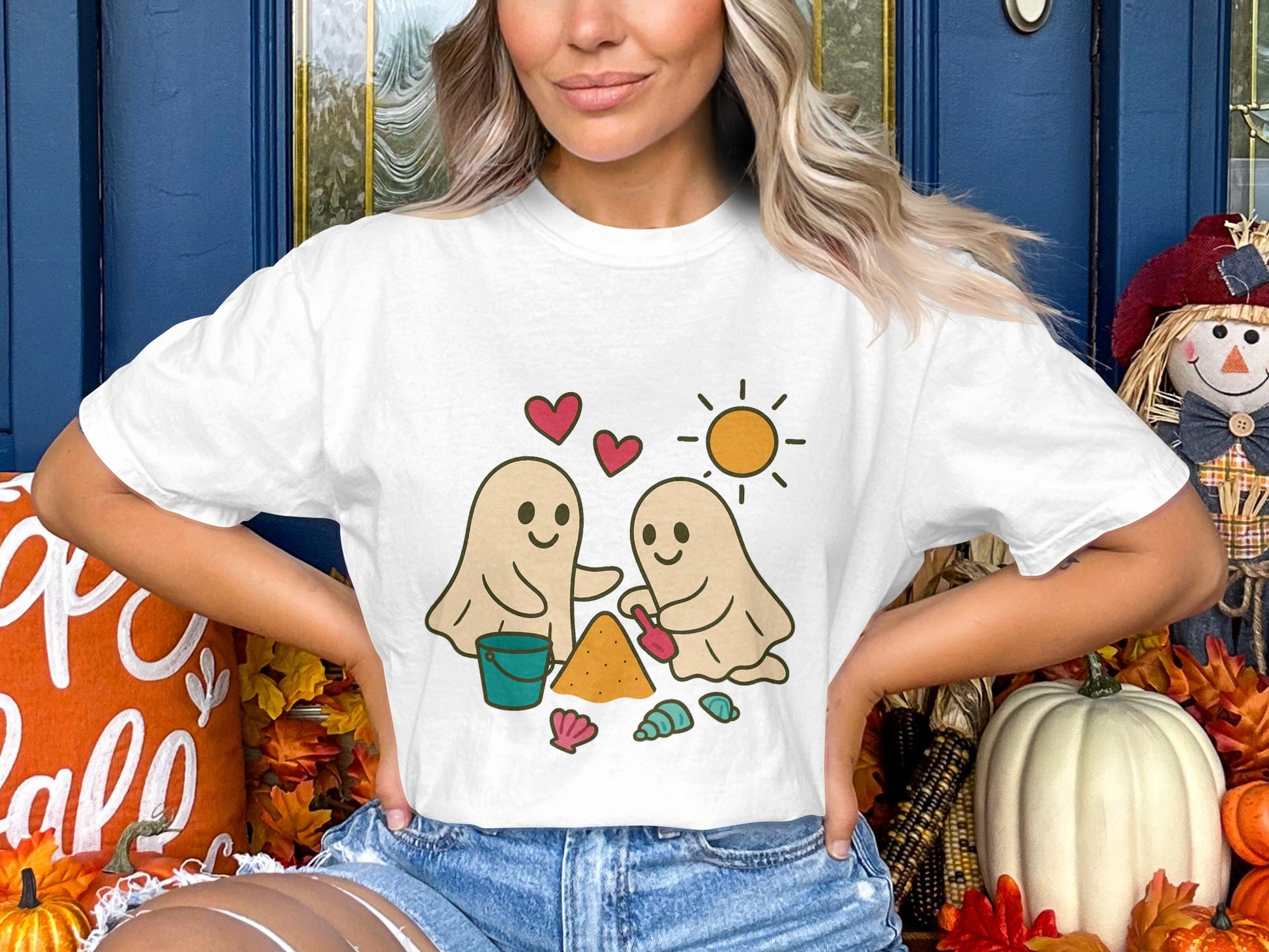 Cute Cartoon T-Shirt, Funny Couple Ghosts and Sun, Bright, Casual Style, Soft Cotton Tee, Unisex Fit