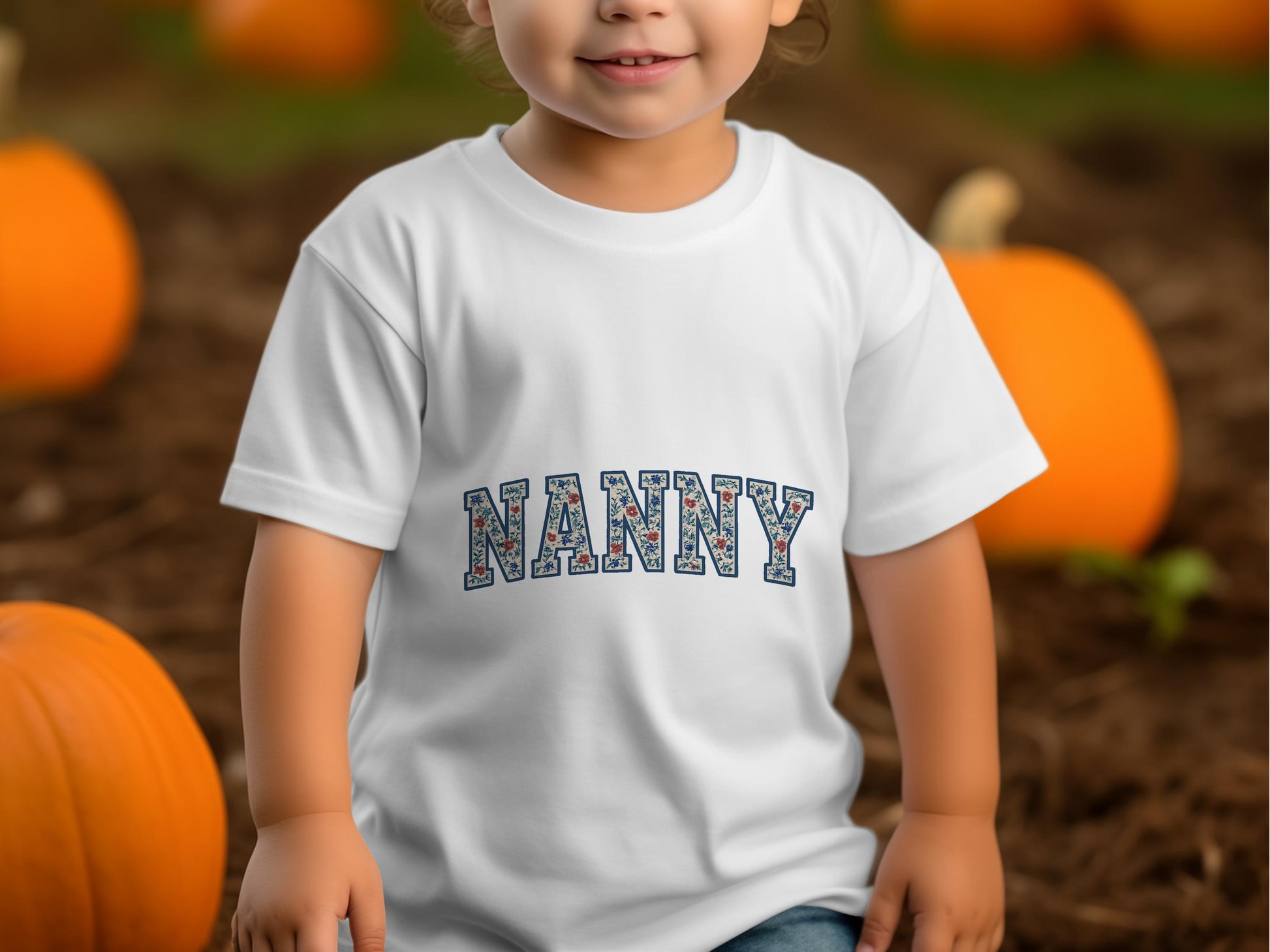 Toddler White T-Shirt Nanny Text Graphic, Cute Autumn Pumpkin Patch Apparel