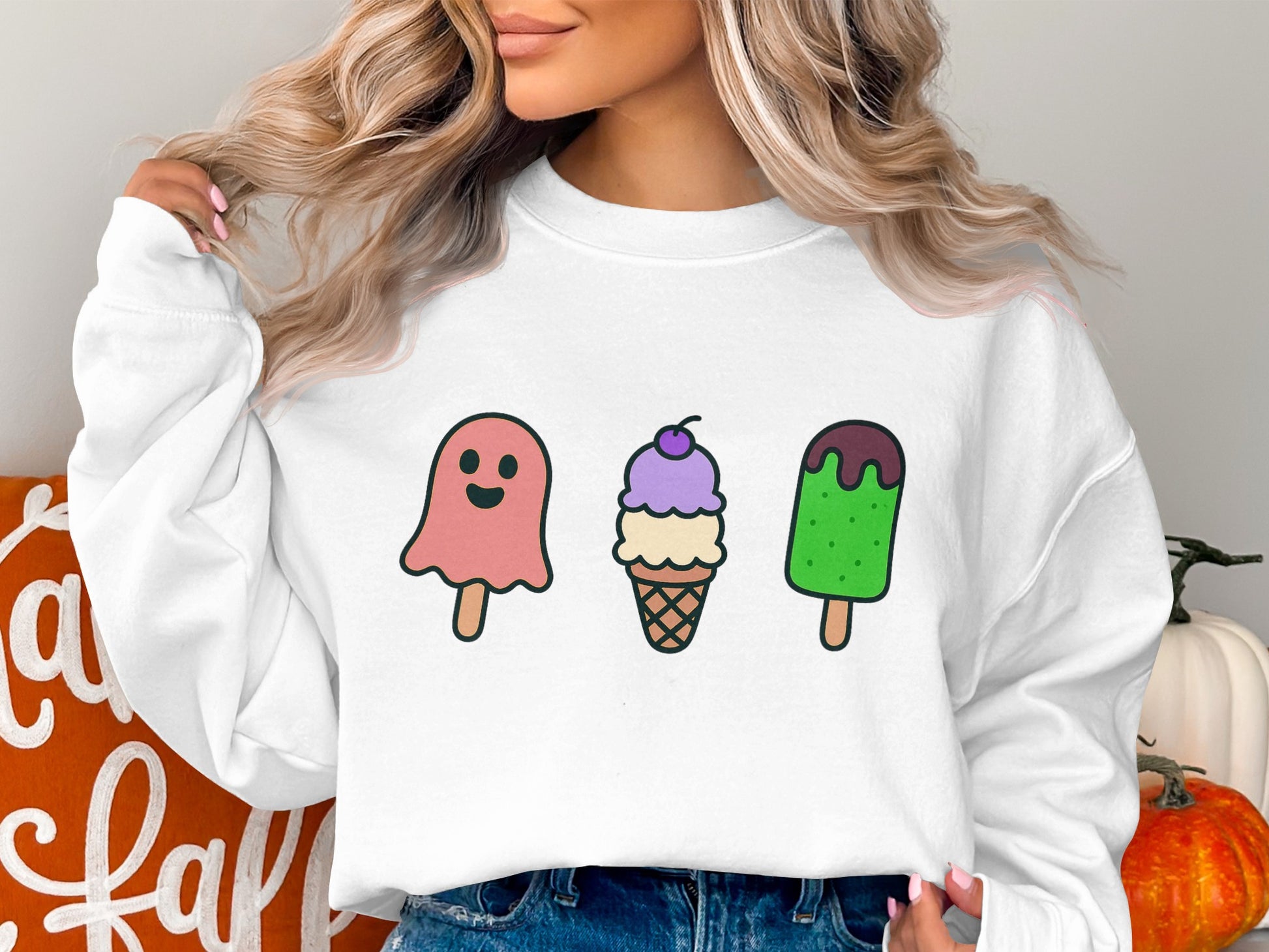 Cute Ice Cream Sweatshirt, Cartoon Ghost and Ice Cream Cone, Unisex White Pullover, Casual Apparel