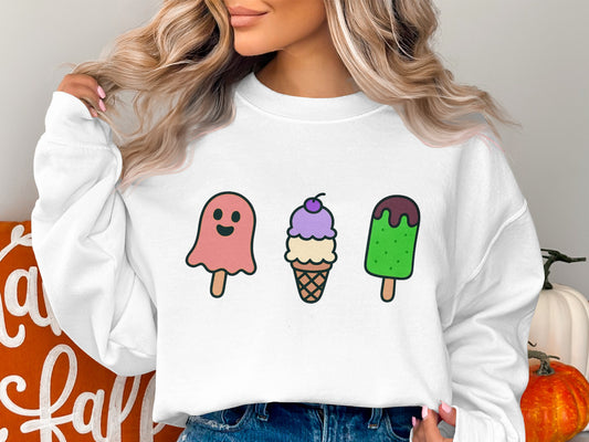 Cute Ice Cream Sweatshirt, Cartoon Ghost and Ice Cream Cone, Unisex White Pullover, Casual Apparel