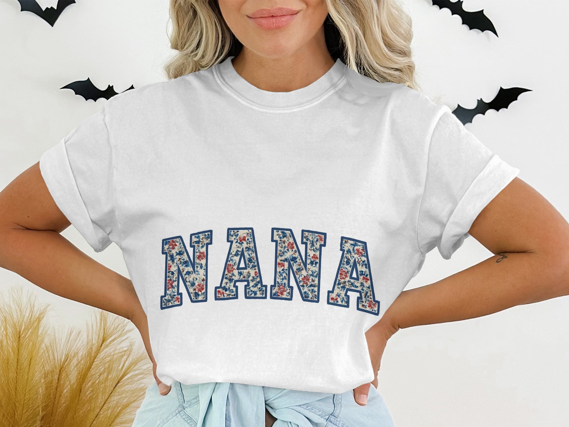 Nana Floral Print T-Shirt, Personalized Grandma Gift, Women's Graphic Tee, Casual Short Sleeve, Custom Family Shirt
